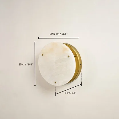 Round wall light with white stone disc and gold metal rim, 25 x 29.5 x 9 cm (9.8 x 11.6 x 3.5 inches) dimensions