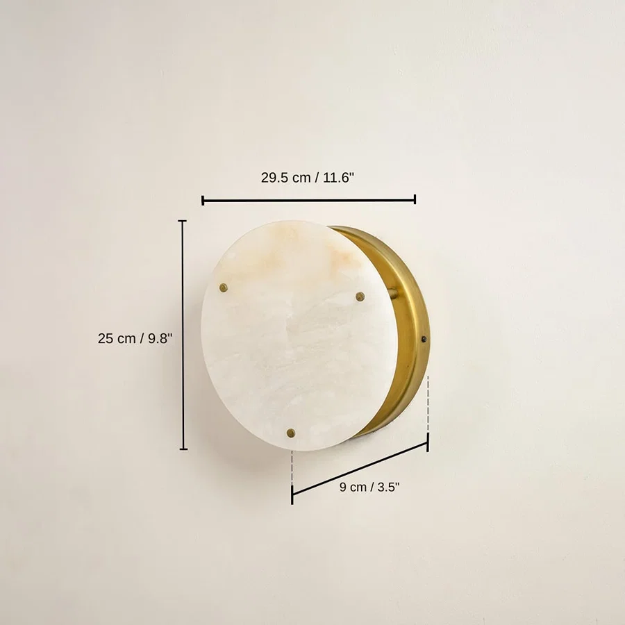 Round wall light with white stone disc and gold metal rim, 25 x 29.5 x 9 cm (9.8 x 11.6 x 3.5 inches) dimensions