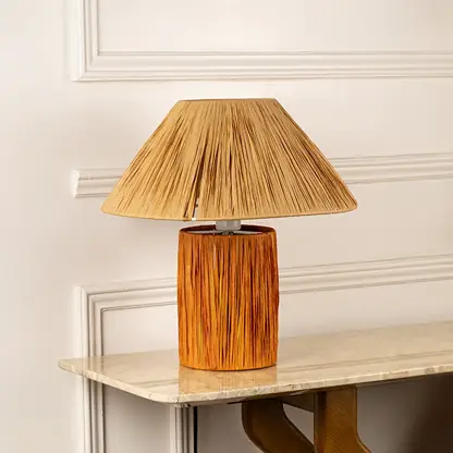 Natural wood table lamp with woven shade showcasing organic texture and warm rustic contemporary home decor.