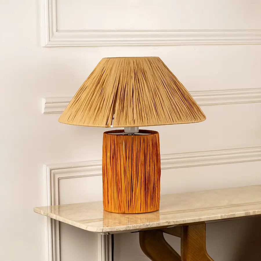 Natural wood table lamp with woven shade showcasing organic texture and warm rustic contemporary home decor.