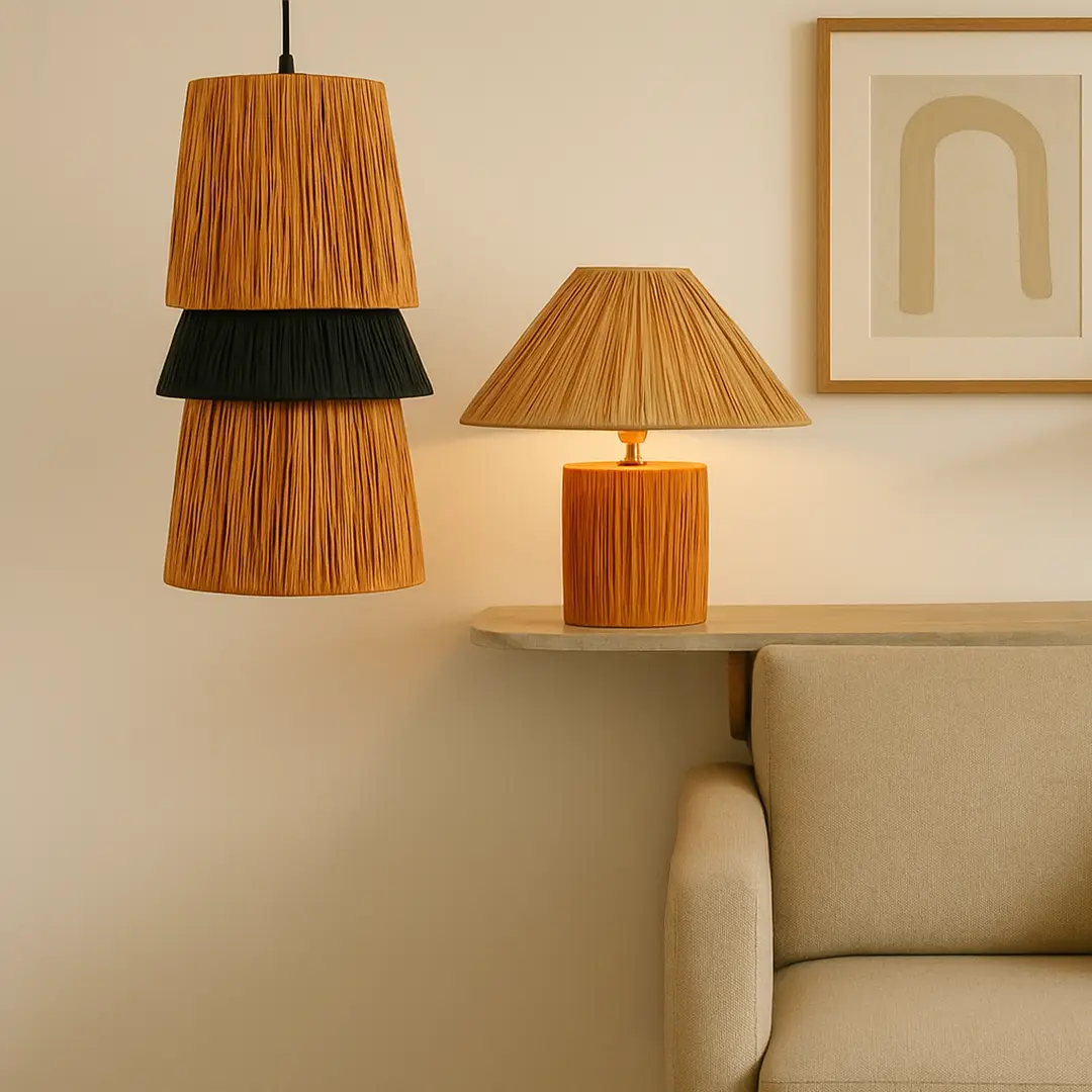 Table lamp and pendant light with woven shades light on placed beside a beige sofa creating a warm cozy modern interior look.