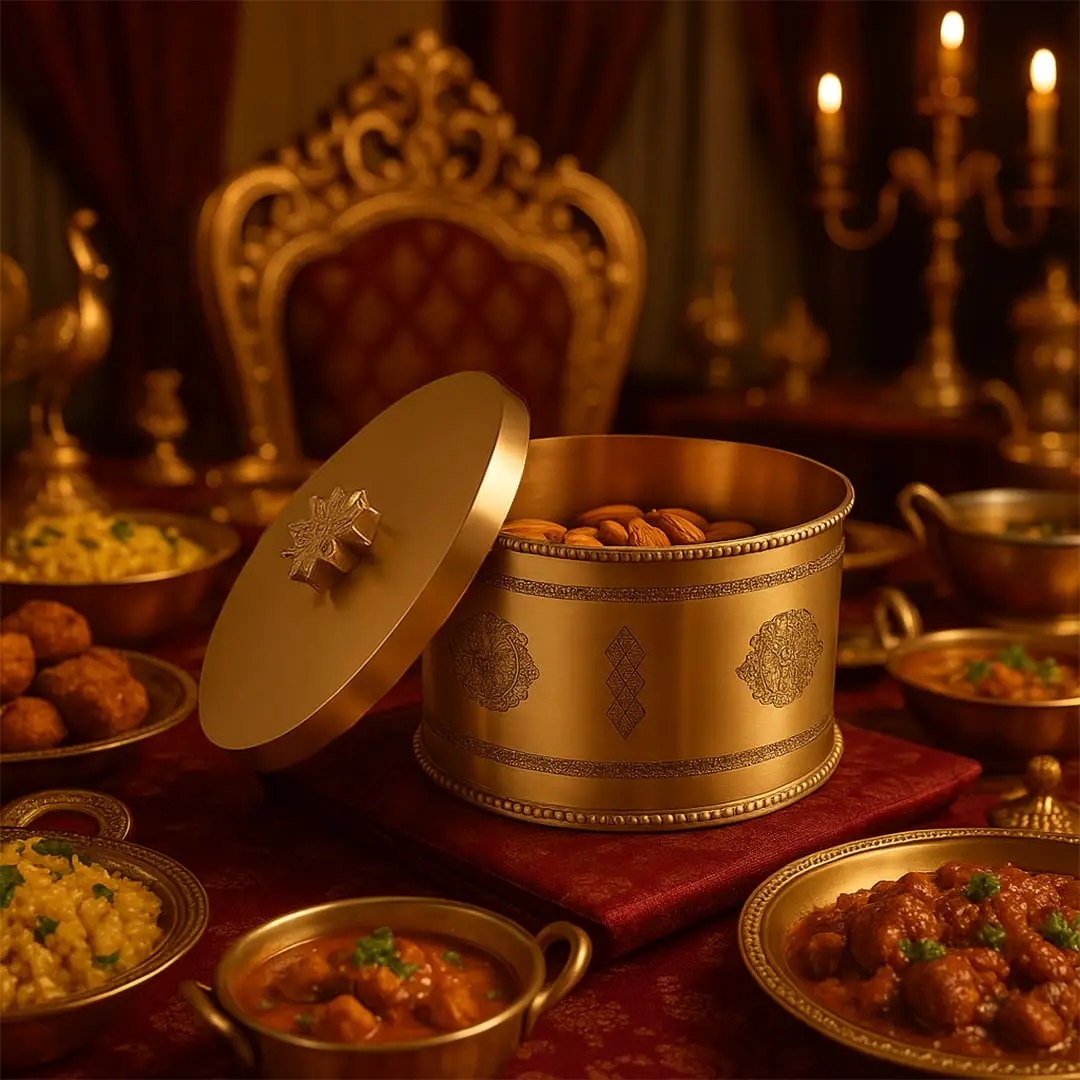 A royal themed dining setup showcasing a golden metal storage jar with engraved detailing filled with almonds placed among traditional Indian dishes on a rich red tablecloth.