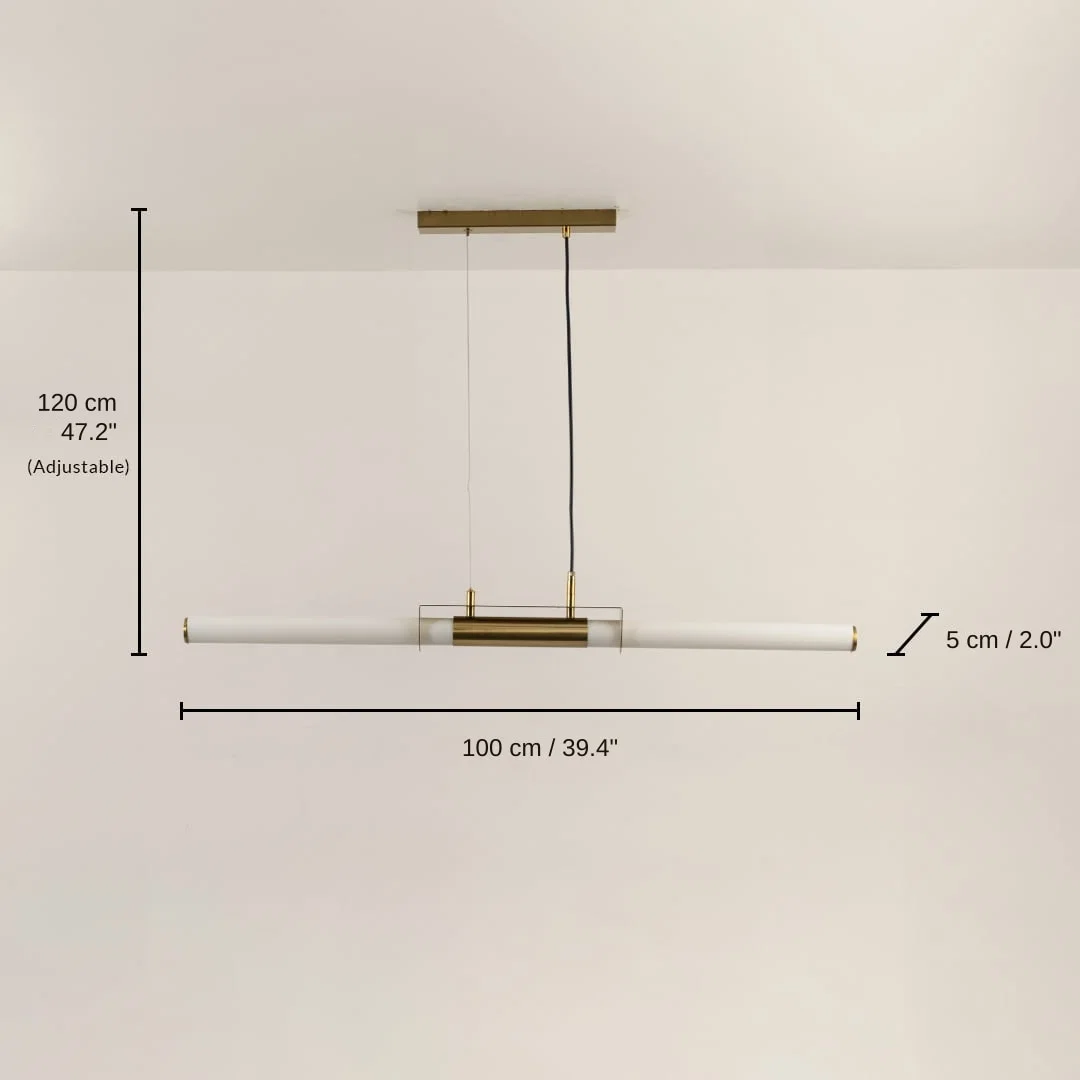 Gold metal linear LED pendant light, base 120 x 100 x 5 cm (47.2 x 39.4 x 2.0 inches), canopy 30 x 5 cm (11.8 x 2.0 inches) dimensions