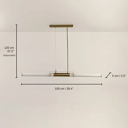 Gold metal linear LED pendant light, base 120 x 100 x 5 cm (47.2 x 39.4 x 2.0 inches), canopy 30 x 5 cm (11.8 x 2.0 inches) dimensions