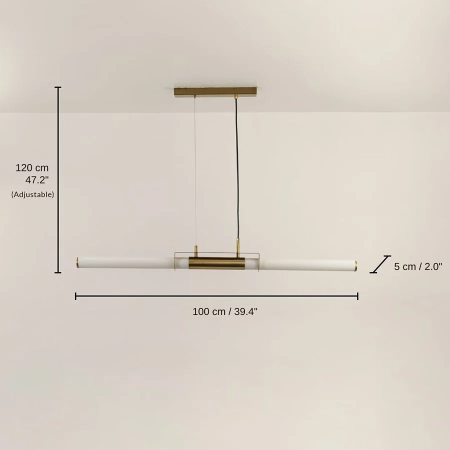 Gold metal linear LED pendant light, base 120 x 100 x 5 cm (47.2 x 39.4 x 2.0 inches), canopy 30 x 5 cm (11.8 x 2.0 inches) dimensions