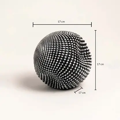 Textured black and white ball sculpture showing 17 cm height width and depth dimensions.