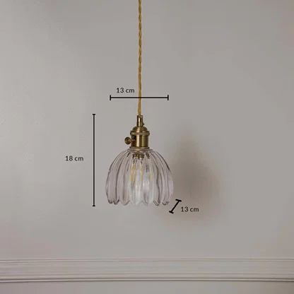 Dimension image of clear ribbed glass petal pendant light with brass accents showing 33 cm height and 14 cm width.