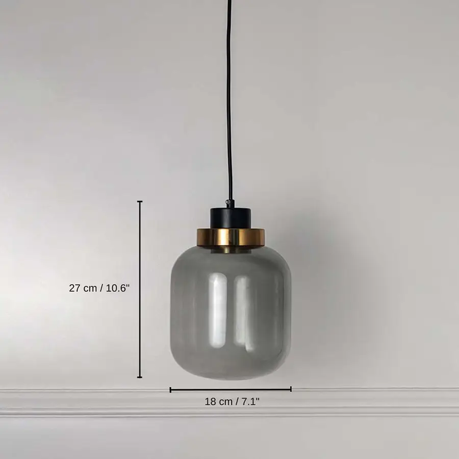 Retro Grey Glass Pendant Light - Dome, base 27 x 18 x 18 cm (10.6 x 7.1 x 7.1 inches), canopy 10 x 10 cm (3.9 x 3.9 inches) dimensions