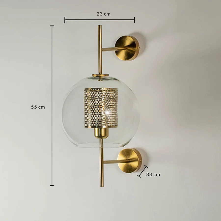 Dimensions of the pendant light 55 cm height 23 cm width and 33 cm depth featuring a glass shade and gold accents.