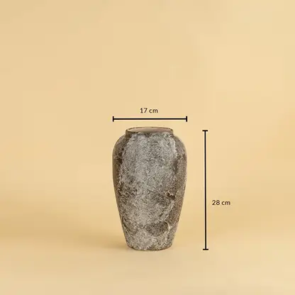 Rustic ceramic vase in grey brown finish measuring 28 cm height and 17 cm diameter perfect for home interiors.