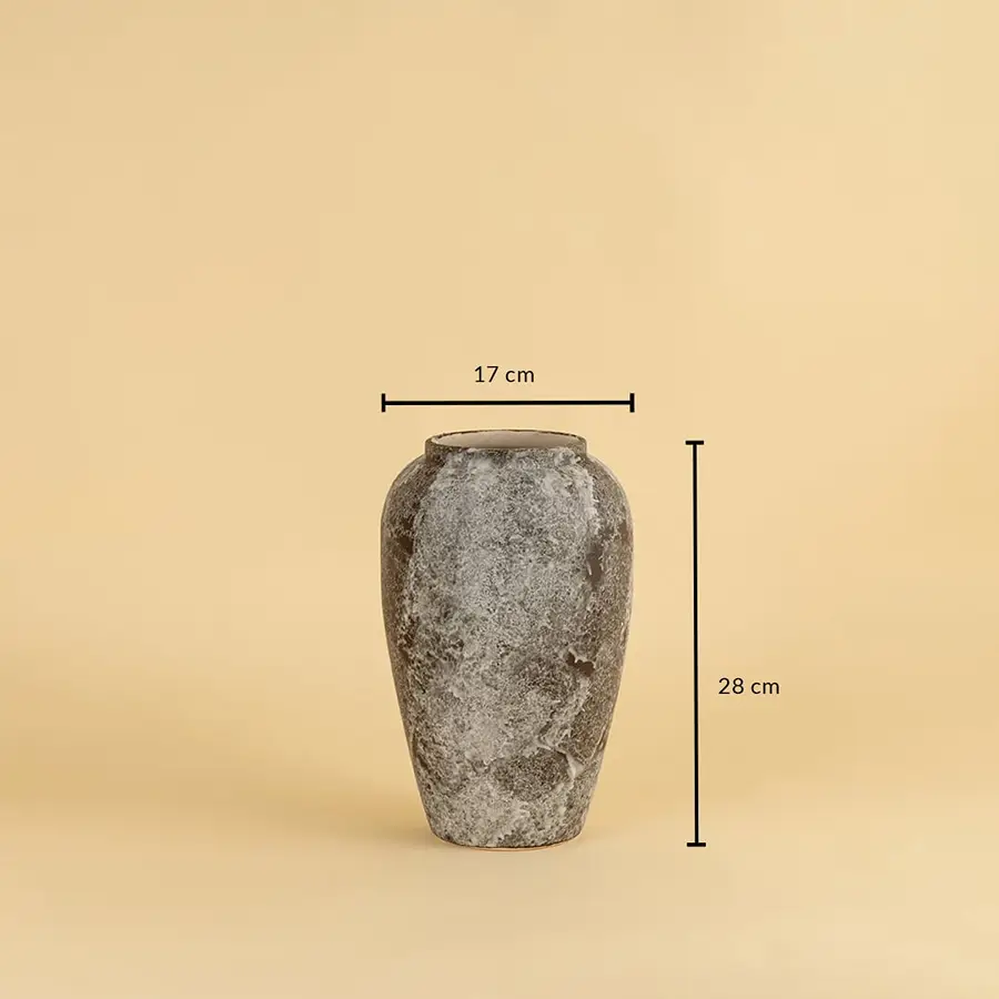 Rustic ceramic vase in grey brown finish measuring 28 cm height and 17 cm diameter perfect for home interiors.