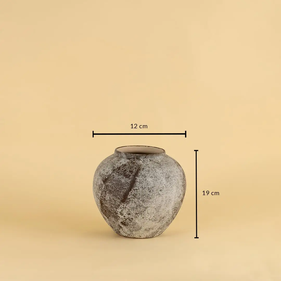 Rustic ceramic vase in grey brown finish measuring 19 cm height and 12 cm diameter for home interior styling.