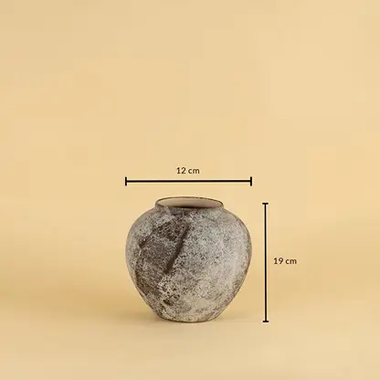 Rustic ceramic vase in grey brown finish measuring 19 cm height and 12 cm diameter for home interior styling.