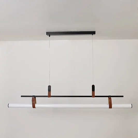 Black metal linear LED pendant light with minimalist profile designed for contemporary dining room ceiling lighting.