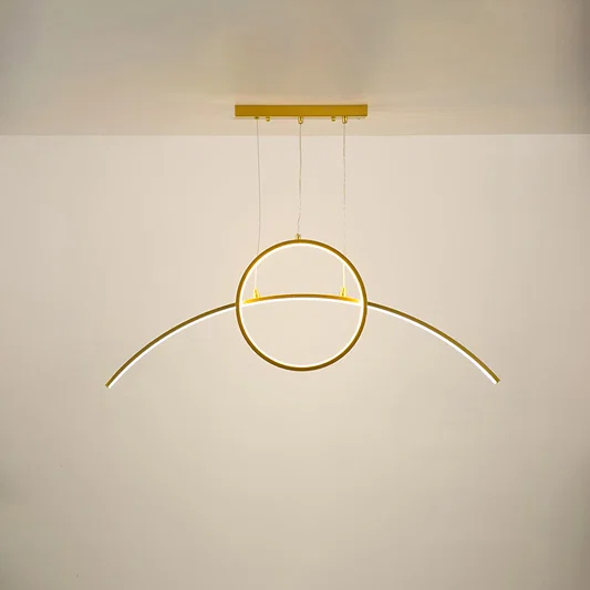 Gold metal circular LED pendant light with integrated illumination creating elegant modern ambient ceiling lighting.