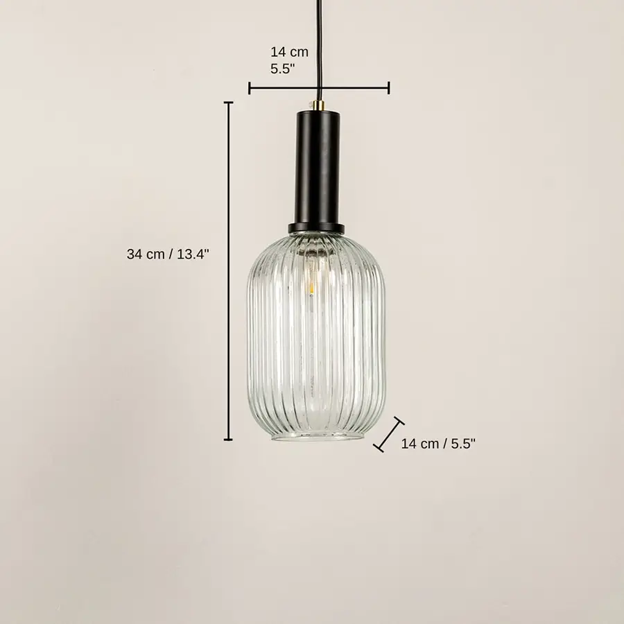 Ripple Glass Pendant Light - Transparent, 34 x 14 x 14 cm (13.4 x 5.5 x 5.5 inches) dimensions