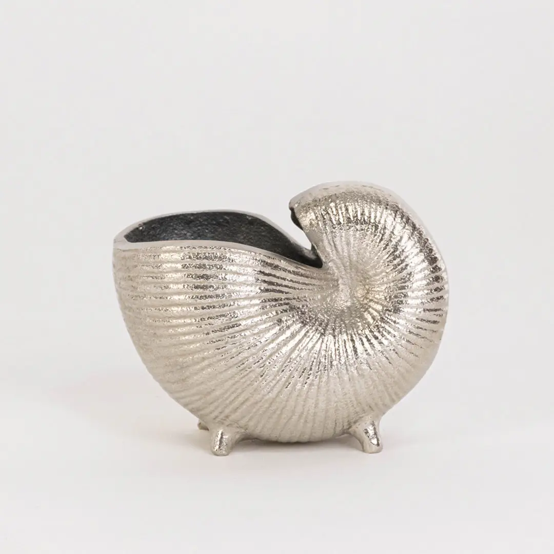 Decorative metal shell bowl in silver finish with textured design for table decor or shelf styling modern home placement white background.