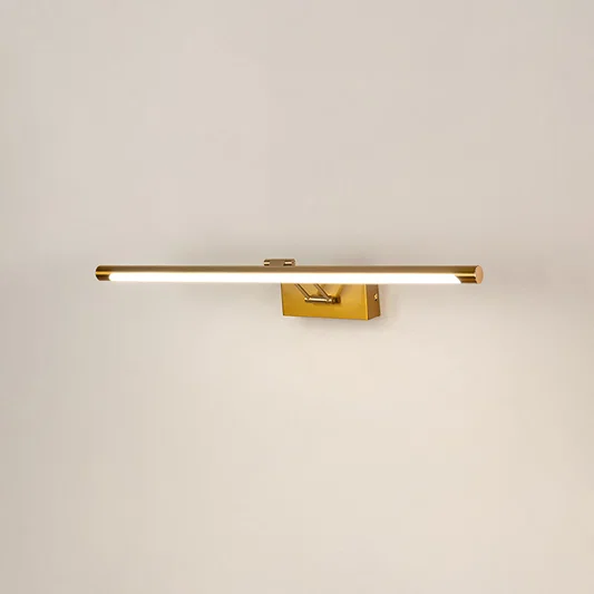 Contemporary wall light in gold metal finish with linear bar design for bathroom or vanity decor lighting white background.