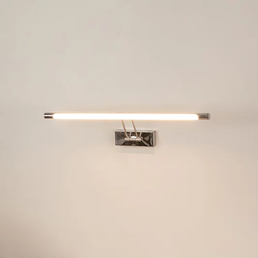 Elegant wall light in chrome metal finish with linear bar design for bathroom or vanity decor lighting white background.