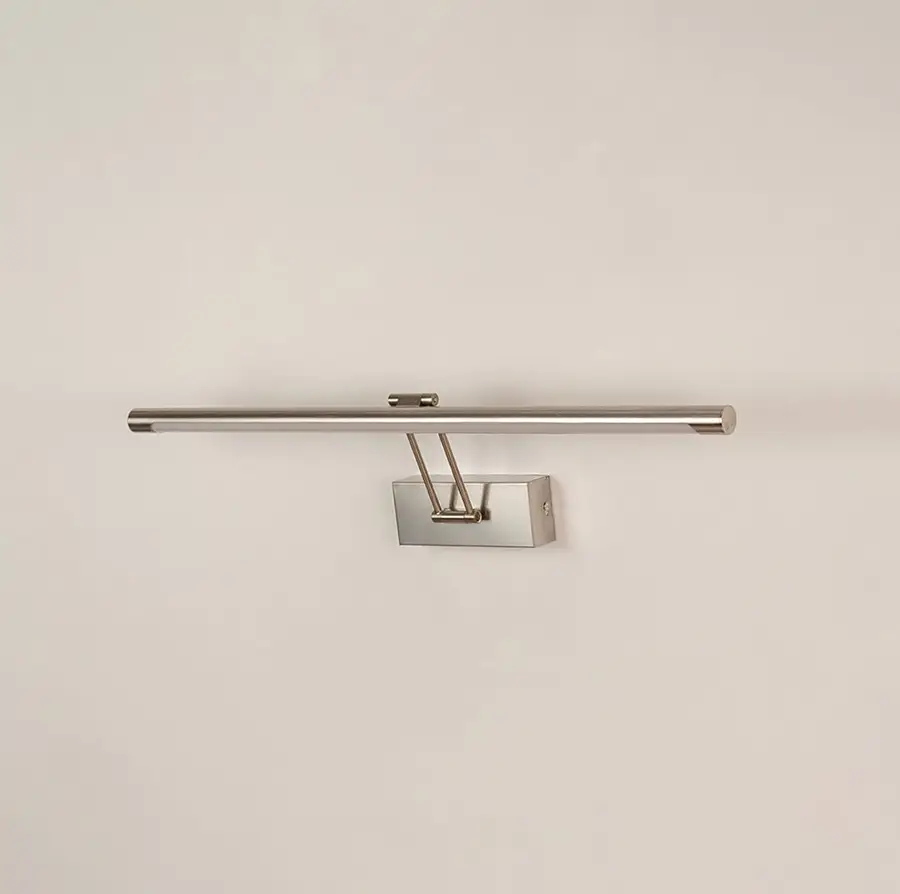 Silver picture light displayed on white background with light off showing clean metal finish and contemporary wall mounting style.