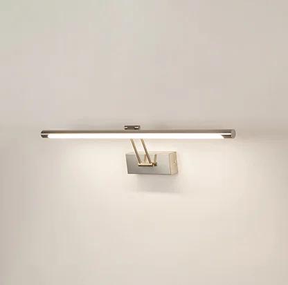 Modern wall light in silver metal finish with linear bar design for bathroom or vanity decor lighting white background.