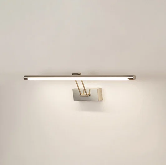Modern wall light in silver metal finish with linear bar design for bathroom or vanity decor lighting white background.
