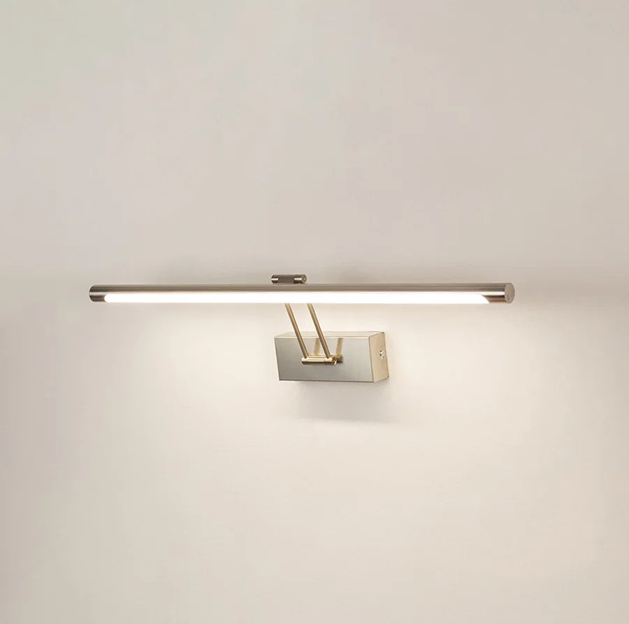 Modern wall light in silver metal finish with linear bar design for bathroom or vanity decor lighting white background.