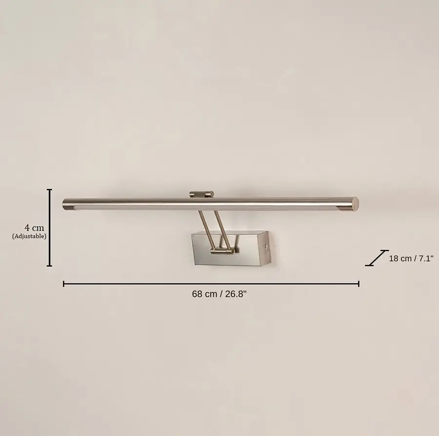 Roman Picture Light - Satin Nickel, base 4 x 68 x 18 cm (1.6 x 26.8 x 7.1 inches), canopy 16 x 6 cm (6.3 x 2.4 inches) dimensions