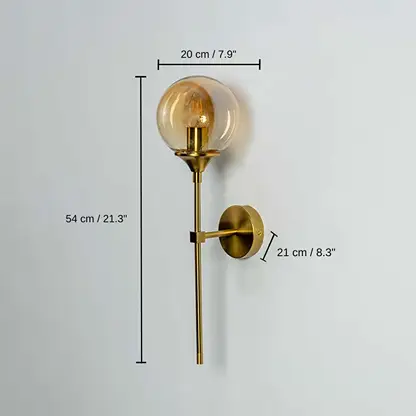 Gold wall light with measurements, 54 x 20 x 21 cm (21.3 x 7.9 x 8.3 inches) dimensions