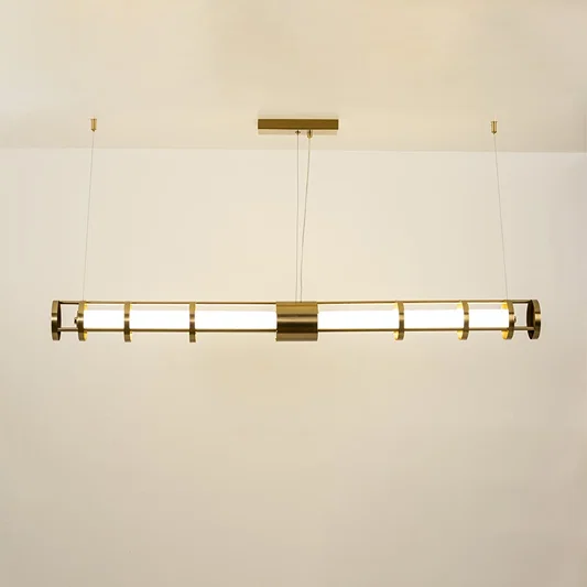 Sleek gold linear glass bar pendant providing premium LED illumination with a geometric contemporary form ideal for dining rooms and kitchen island lighting.