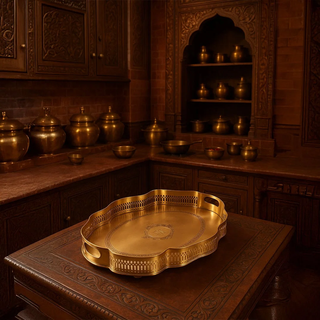 A decorative gold serving tray displayed in a traditional brass filled kitchen setting adding a warm royal touch to the space with its ornate carved design.
