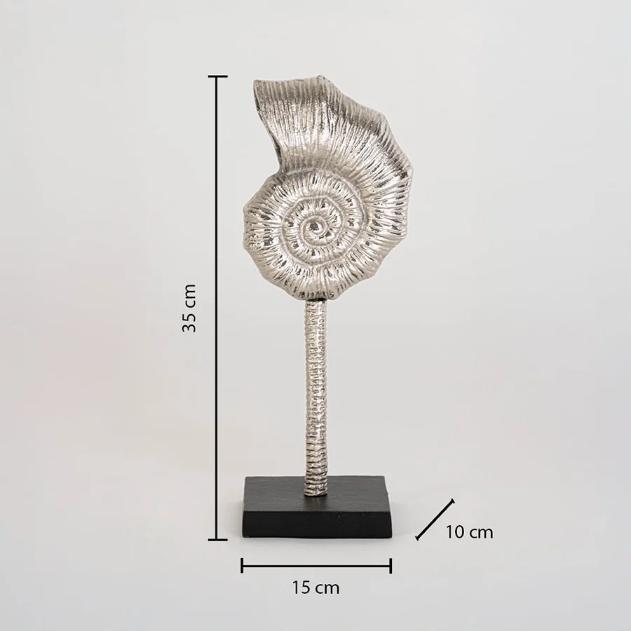 Silver spiral decorative sculpture on black stand shown on white background with dimensions 35 cm height 15 cm width and 10 cm depth