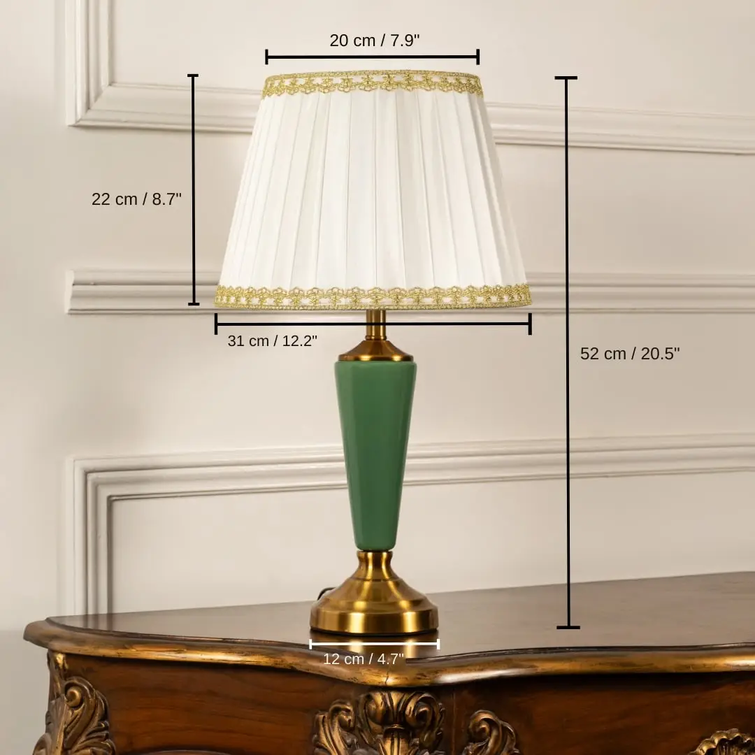 Table lamp with green metal base and white pleated shade, base 52 x 12 x 12 cm (20.5 x 4.7 x 4.7 inches), shade 22 x 20 x 31 cm (8.7 x 7.9 x 12.2 inches) dimensions