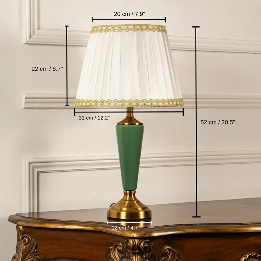 Table lamp with green metal base and white pleated shade, base 52 x 12 x 12 cm (20.5 x 4.7 x 4.7 inches), shade 22 x 20 x 31 cm (8.7 x 7.9 x 12.2 inches) dimensions