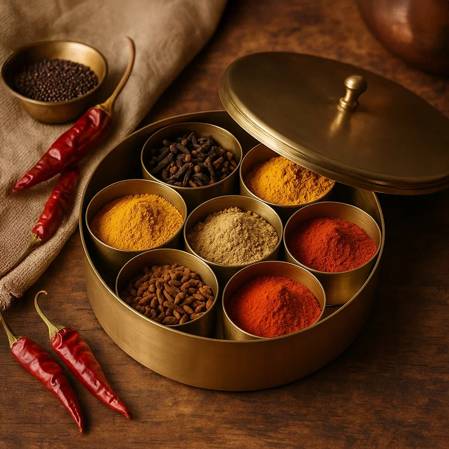 A brass spice box filled with assorted Indian spices displayed on a rustic wooden table with red chilies and a brass bowl creating a warm lifestyle setting.