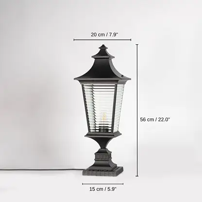 Black pillar light with ribbed glass, 56 x 15 x 20 cm (22.0 x 5.9 x 7.9 inches) dimensions