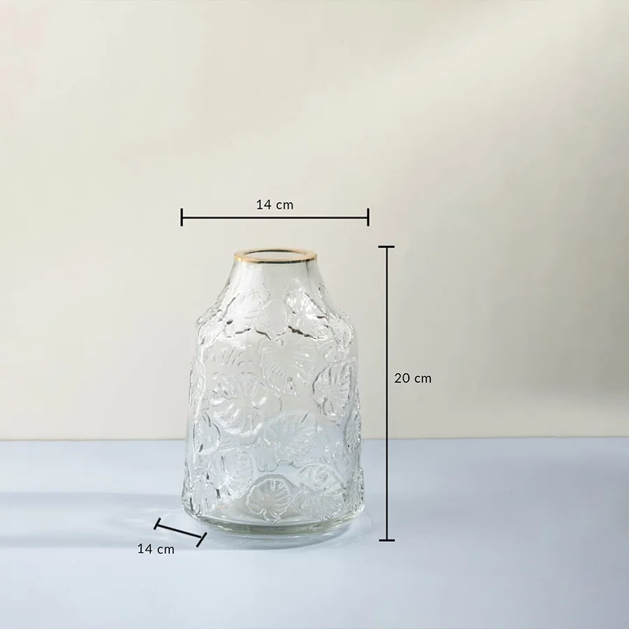 Glass vase with embossed leaf design shown with 20 cm height and 14 cm width Dimension Image.