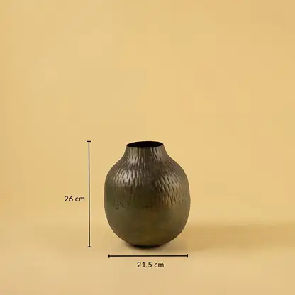 Brown hammered metal vase decor with 26 cm height and 21.5 cm width ideal for shelves tables and contemporary home styling.