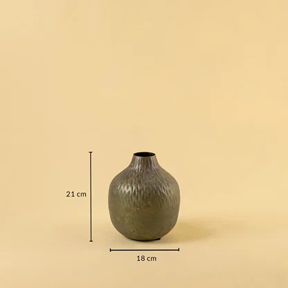 Brown hammered metal vase decor with 21 cm height and 18 cm width perfect for shelves tables and contemporary home styling.