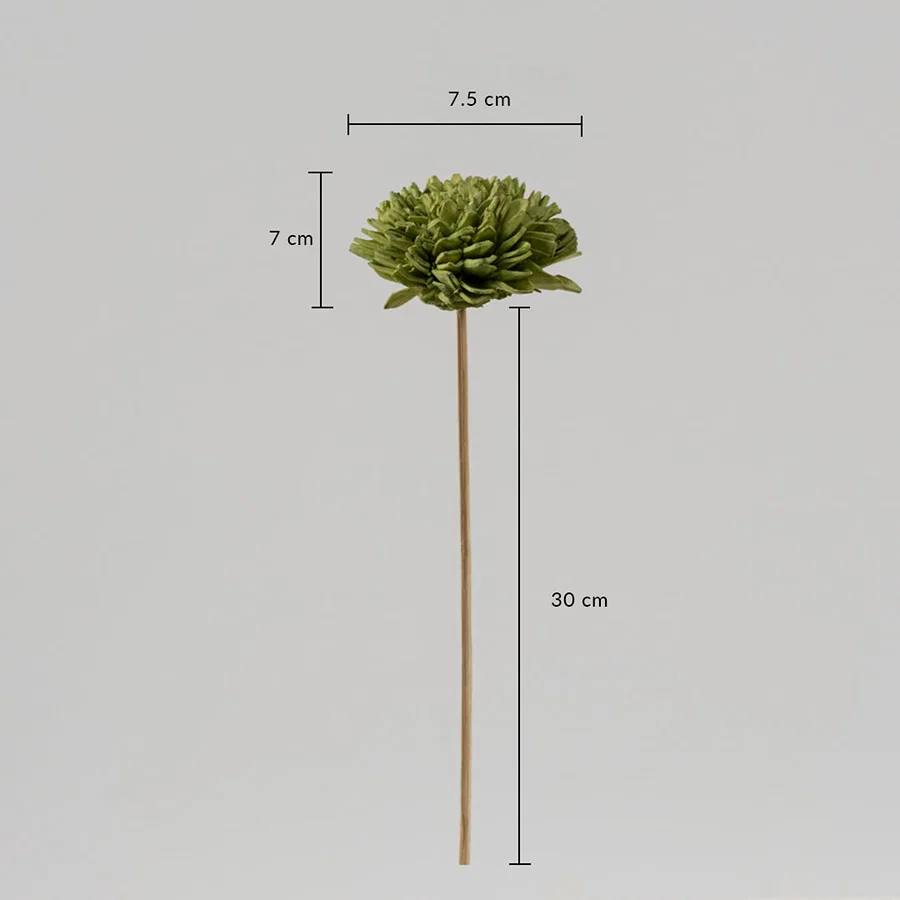 Artificial green chrysanthemum flower stem measuring 30 cm in height and 7.5 cm flower width is displayed with size dimensions.