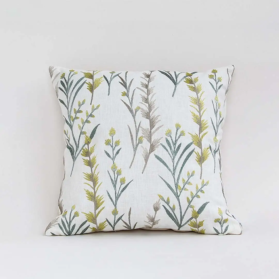 White cotton cushion cover with green botanical floral print for sofa couch bedroom and stylish home decor accents.