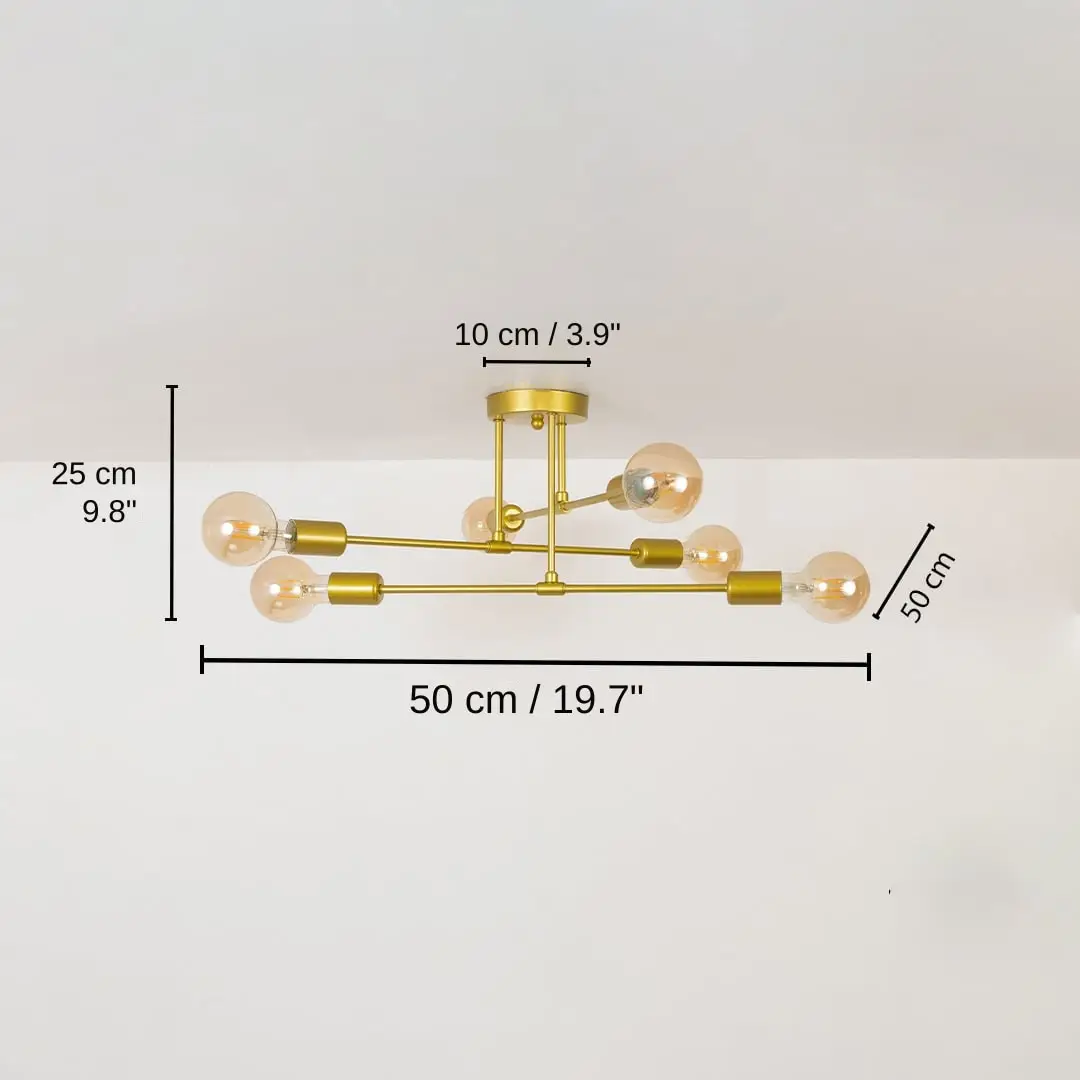 Sputnik 6-Light Chandelier - Gold, base 25 x 50 x 50 cm (9.8 x 19.7 x 19.7 inches), canopy 10 x 10 cm (3.9 x 3.9 inches) dimensions