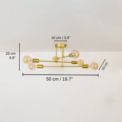 Sputnik 6-Light Chandelier - Gold, base 25 x 50 x 50 cm (9.8 x 19.7 x 19.7 inches), canopy 10 x 10 cm (3.9 x 3.9 inches) dimensions
