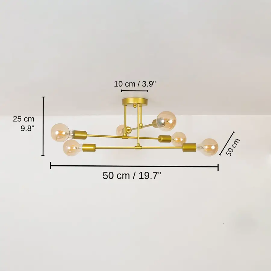 Sputnik 6-Light Chandelier - Gold, base 25 x 50 x 50 cm (9.8 x 19.7 x 19.7 inches), canopy 10 x 10 cm (3.9 x 3.9 inches) dimensions
