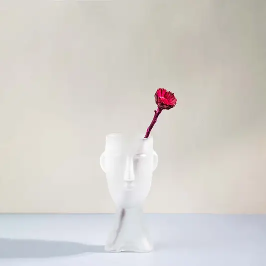 White glass decorative vase with sculptural face design holding a flower for elegant modern home decor styling.
