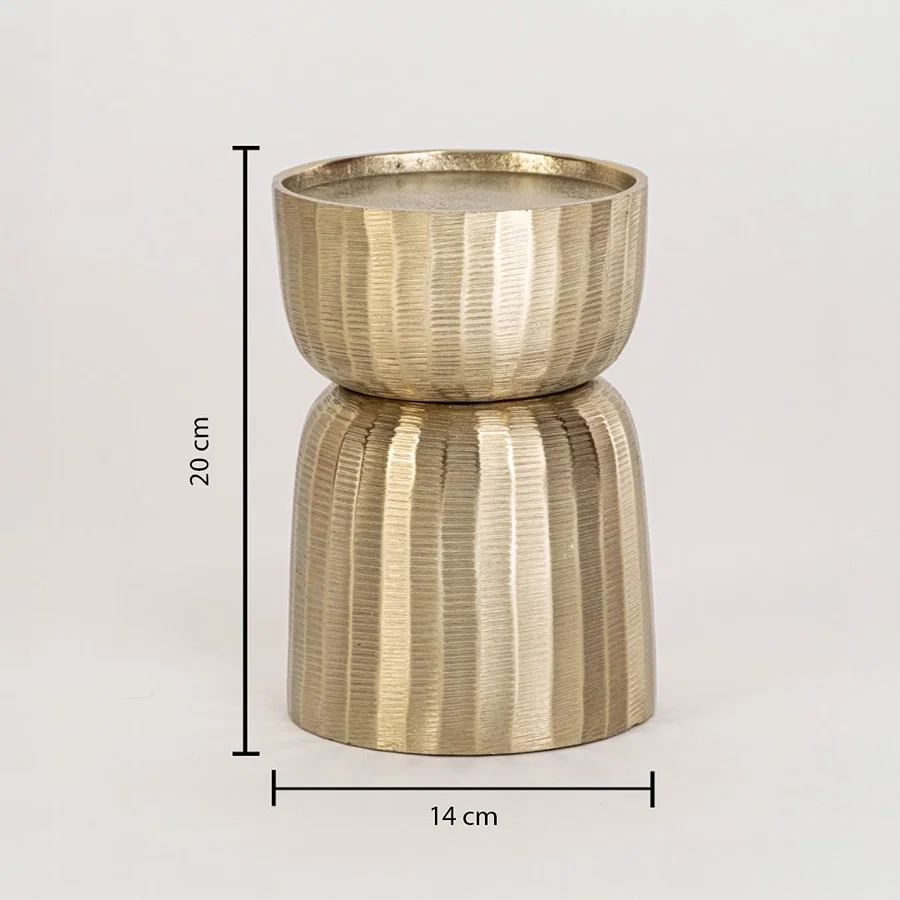 Gold metal decorative stand shown with 20 cm height and 14 cm width for accurate placement in modern interior accent decor settings.