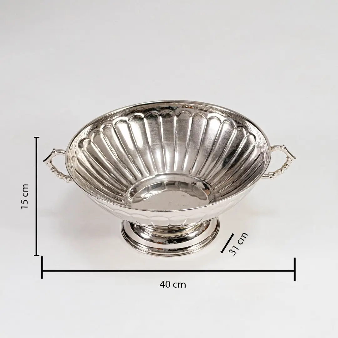 Silver fruit bowl with fluted body and twin handles shown with 40 cm width and 10 cm height on white background.
