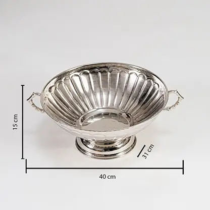 Silver fruit bowl with fluted body and twin handles shown with 40 cm width and 10 cm height on white background.