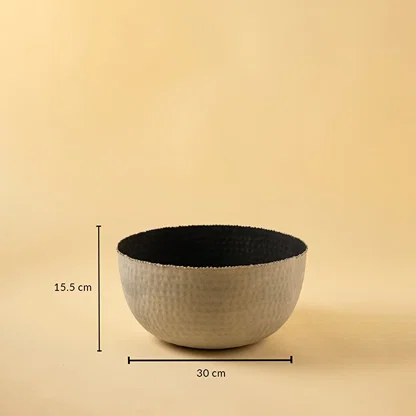 Grey hammered metal bowl shown with 30 cm width and 15.5 cm height offering clear and accurate size reference.