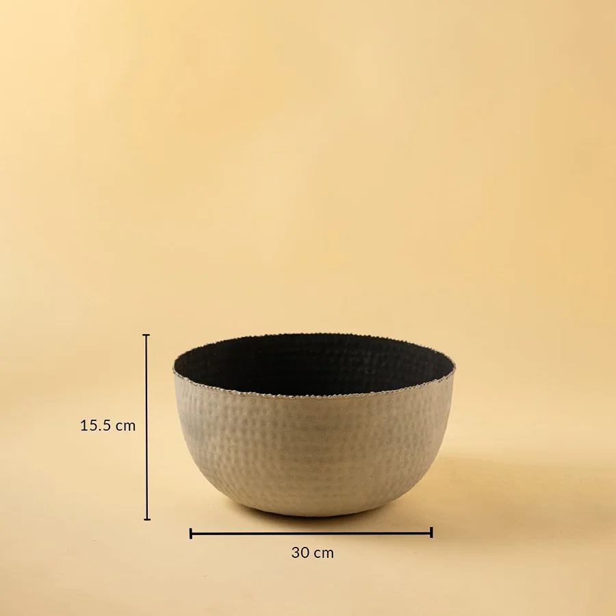 Grey hammered metal bowl shown with 30 cm width and 15.5 cm height offering clear and accurate size reference.